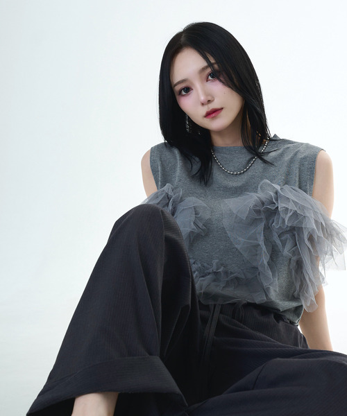 DAESE TOKYO(デセトウキョウ)の「『DAESE TOKYO/デセトウキョウ』天竺チュールドッキングPO(Tシャツ/カットソー・レディース・オフホワイト/杢グレー/ブラック・FREE)」の3枚目の写真