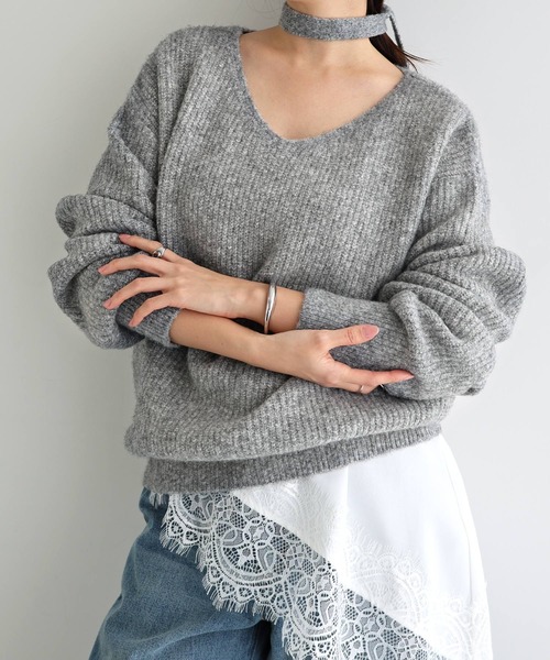 Freesia by andme(フリージアバイアンドミー)の「同色マフラー付きニットトップス(ニット/セーター・レディース・チャコールグレー/ブルー/アイボリー/ブラック/ピンク・M)」の22枚目の写真