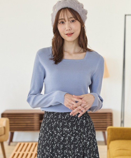 Honeys(ハニーズ)の「【しなやかニット・ヒアルロン酸加工】ヒアルロンスクエアネック(ニット/セーター・レディース・ブラック/ピンク系その他/ホワイト×ブラック/アイボリー/グレイッシュブルー/イエロー/ネイビー/ベージュ・S/M/LL/L)」の7枚目の写真