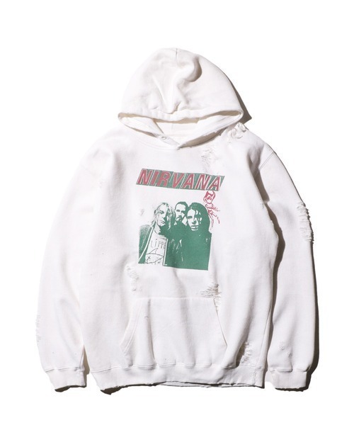 NIRVANA(ニルヴァーナ)の「THRIFTY LOOK / スリフティールック WORN-OUT BAND HOODIE 'NIRVANA'(パーカー・メンズ・ホワイト・X-LARGE)」の1枚目の写真