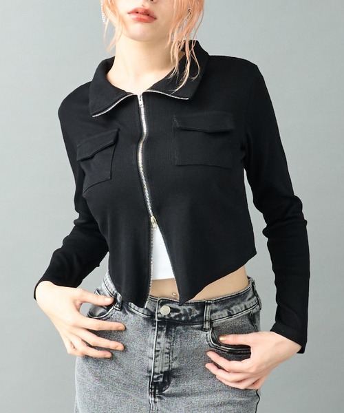 ANAP(アナップ)の「ダブルジップ カーゴポケット リブトップス カットソー(Tシャツ/カットソー・レディース・ブラウン/ブラック・F)」の2枚目の写真
