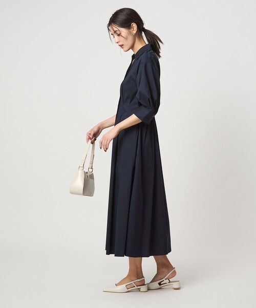 green label relaxing（グリーンレーベルリラクシング）の「シャツ襟 フィット＆フレア タックスリーブ ワンピース（シャツワンピース・レディース・ダークブラウン/ネイビー・FREE）」の5枚目の写真