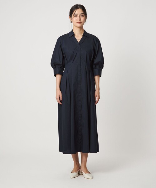 green label relaxing（グリーンレーベルリラクシング）の「シャツ襟 フィット＆フレア タックスリーブ ワンピース（シャツワンピース・レディース・ダークブラウン/ネイビー・FREE）」の12枚目の写真