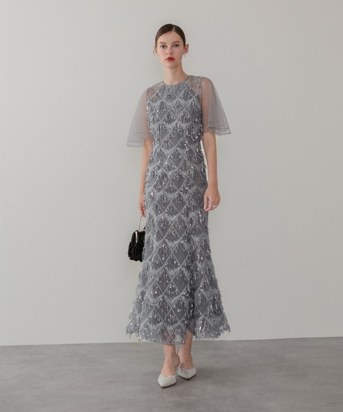 セール】【LEJA】チュールスリーブスパンコールマーメイドワンピース