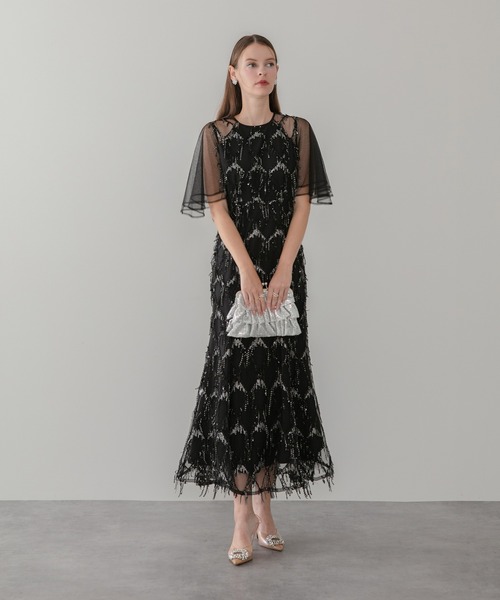 セール】【LEJA】チュールスリーブスパンコールマーメイドワンピース