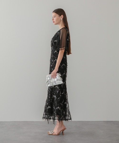 セール】【LEJA】チュールスリーブスパンコールマーメイドワンピース