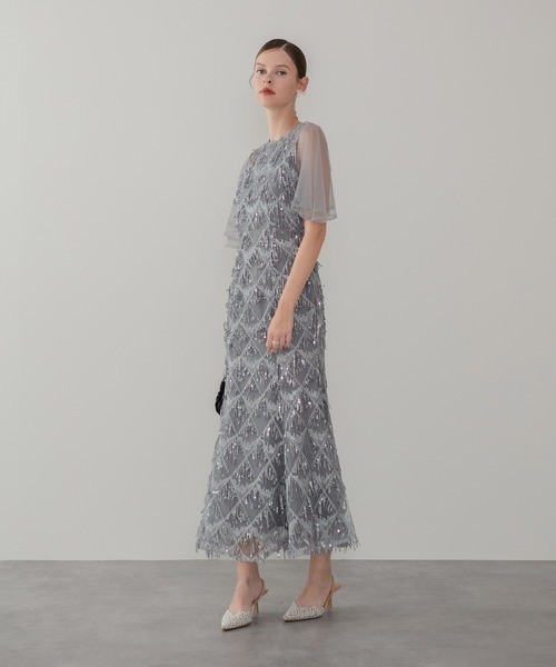 LEJA】チュールスリーブスパンコールマーメイドワンピースドレス美脚