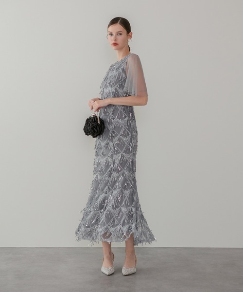 LEJA】チュールスリーブスパンコールマーメイドワンピースドレス美脚