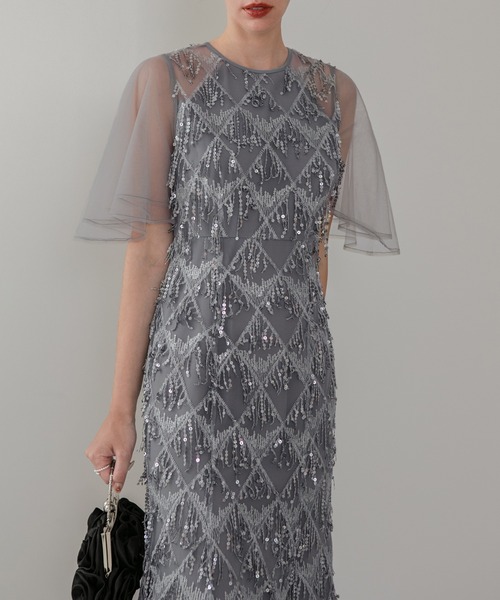 セール】【LEJA】チュールスリーブスパンコールマーメイドワンピース