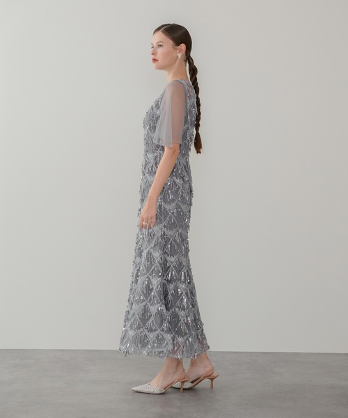 セール】【LEJA】チュールスリーブスパンコールマーメイドワンピース