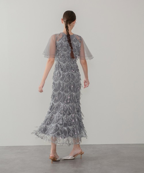 セール】【LEJA】チュールスリーブスパンコールマーメイドワンピース