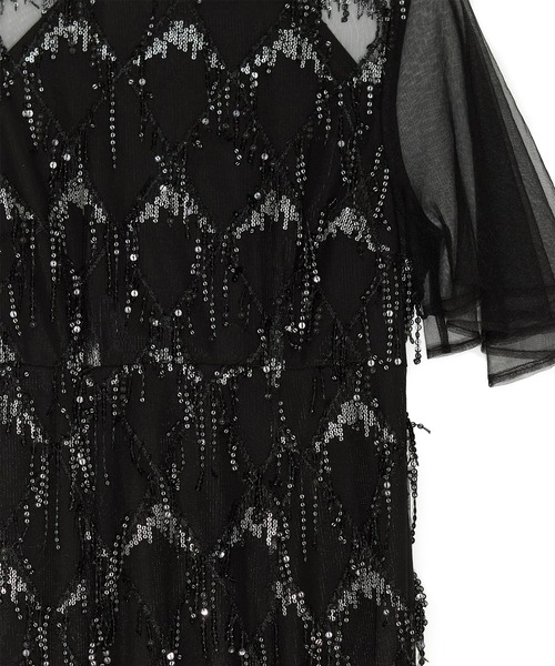 LEJA】チュールスリーブスパンコールマーメイドワンピースドレス美脚