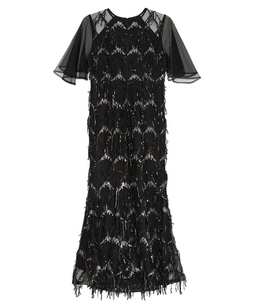 LEJA】チュールスリーブスパンコールマーメイドワンピースドレス美脚