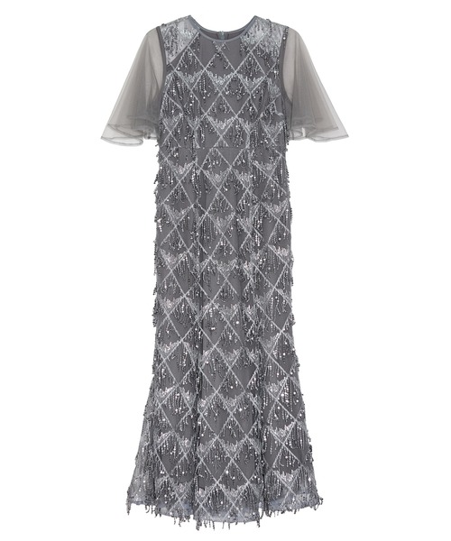 LEJA】チュールスリーブスパンコールマーメイドワンピースドレス美脚