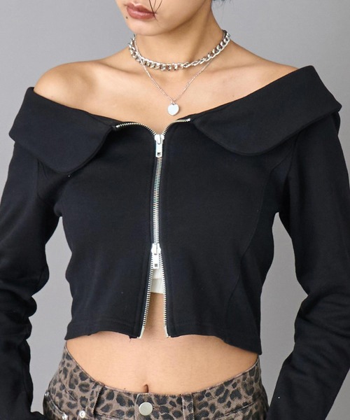 ANAP（アナップ）の「オフショルダー ダブルジップ 裏毛 トップス（その他トップス・レディース・グレー/ブラック・F）」の2枚目の写真