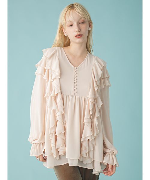 FURFUR（ファーファー）の「フリルチュニックブラウス（シャツ/ブラウス・レディース・ブラック/オフホワイト/ピンク・F）」の4枚目の写真