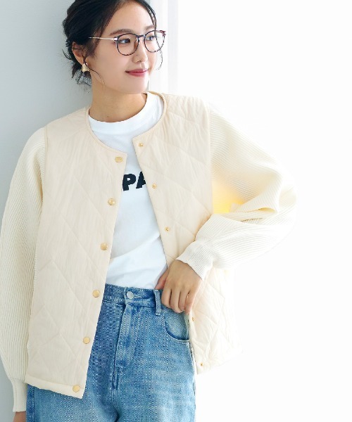 セール】【 暖か＆軽やか 】 ダイヤキルト×リブニットブルゾン（T