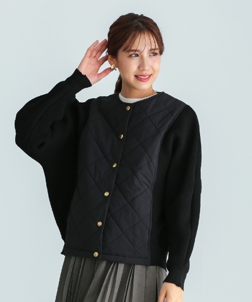 Emilyan(エミリアン)の「【 暖か&軽やか 】 ダイヤキルト×リブニットブルゾン(Tシャツ/カットソー・レディース・アイボリー/ブラック・M)」の2枚目の写真