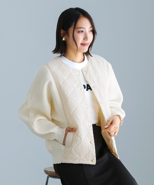 セール】【 暖か＆軽やか 】 ダイヤキルト×リブニットブルゾン（T