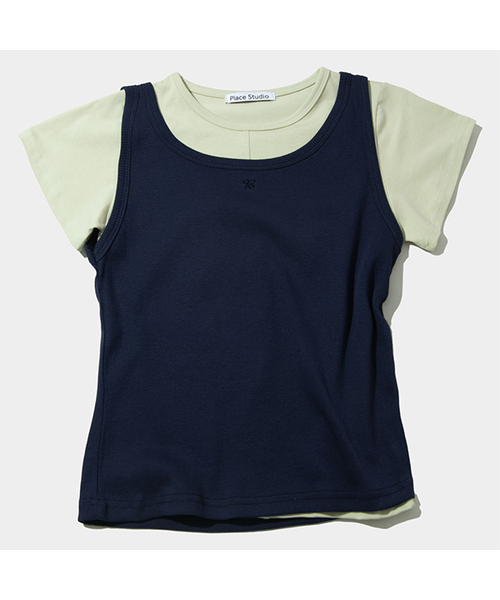 PLACE STUDIO（プレイススタジオ）の「ピンタック切り替えポイントロゴ刺繍ノースリーブセット半袖Tシャツ_ 3COLOR（Tシャツ/カットソー・レディース・ネイビー/ライトグレー/ブラック・FREE）」の3枚目の写真