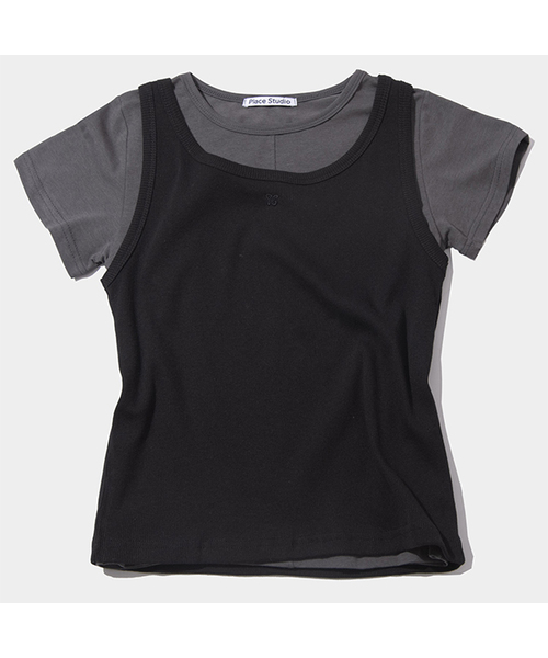 PLACE STUDIO（プレイススタジオ）の「ピンタック切り替えポイントロゴ刺繍ノースリーブセット半袖Tシャツ_ 3COLOR（Tシャツ/カットソー・レディース・ネイビー/ライトグレー/ブラック・FREE）」の2枚目の写真