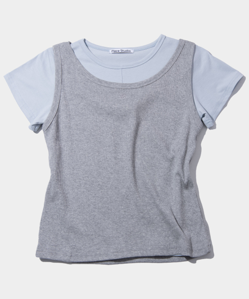 PLACE STUDIO（プレイススタジオ）の「ピンタック切り替えポイントロゴ刺繍ノースリーブセット半袖Tシャツ_ 3COLOR（Tシャツ/カットソー・レディース・ネイビー/ライトグレー/ブラック・FREE）」の5枚目の写真