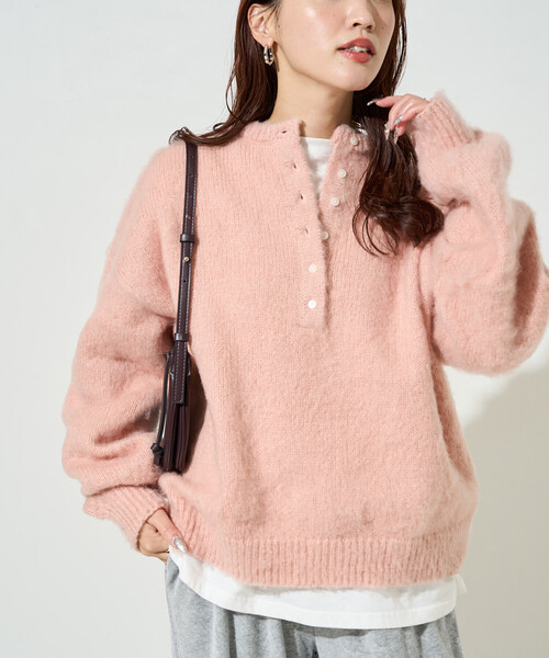 ラスト1点⭐︎ノーソーイングニット　フレアスリーブ　ピンク セール】限定展開 ウール タッチ 起毛 ヘンリーネック ニット（ニット