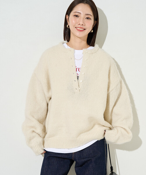 FREAK'S STORE(フリークスストア)の「限定展開 ウール タッチ 起毛 ヘンリーネック ニット(ニット/セーター・レディース・グレー/ナチュラル/ピンク/ブラック・フリ-)」の9枚目の写真