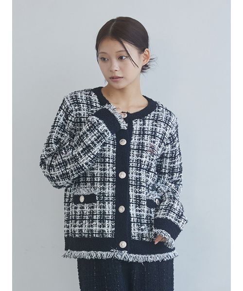 gelato pique ツイードモコクルーネックカーディガン　ブラック セール】【JOEL ROBUCHON】ツイードモコクルーネックカーディガン