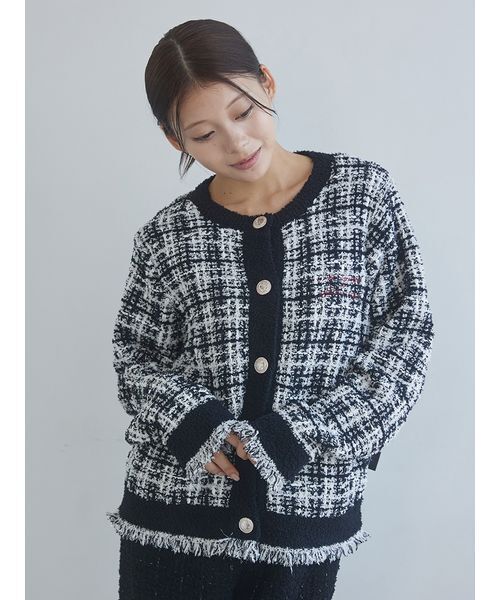 gelato pique ツイードモコクルーネックカーディガン　ブラック ジェラートピケ gelato pique 【JOEL ROBUCHON】ツイードモコクルー