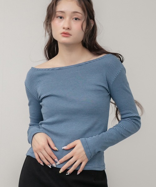 HEILIS(ヘイリス)の「細ボーダーコンパクトカットソー / コンパクト シンプル カジュアル フェミニン アイボリー ブラウン ブルー オフホワイト 白 黒 青 オフショルダー 春服 夏服 秋服 長袖 トップス ノームコア シティガール 韓国 インナー ロンT レイヤード(Tシャツ/カットソー・レディース・ブルー/アイボリー/ブラウン・FREE)」の11枚目の写真