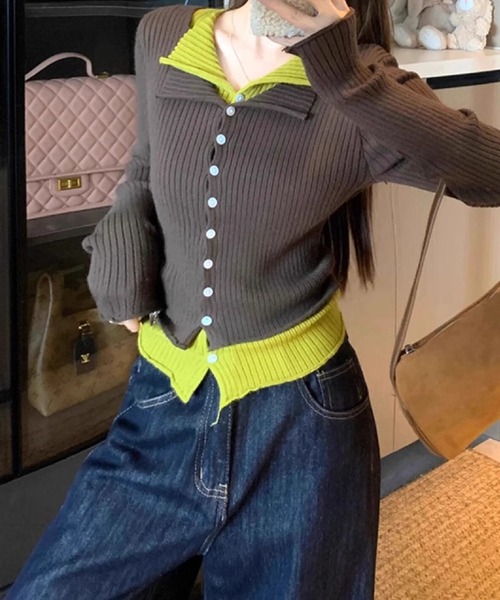 SpRay（スプレイ）の「リブニットレイヤードトップス（ニット/セーター・レディース・ブラウン/アイボリー/ブラック/グレー・FREE）」の4枚目の写真