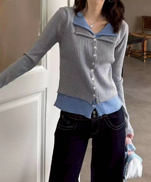 SpRay（スプレイ）の「リブニットレイヤードトップス（ニット/セーター・レディース・ブラウン/アイボリー/ブラック/グレー・FREE）」の11枚目の写真