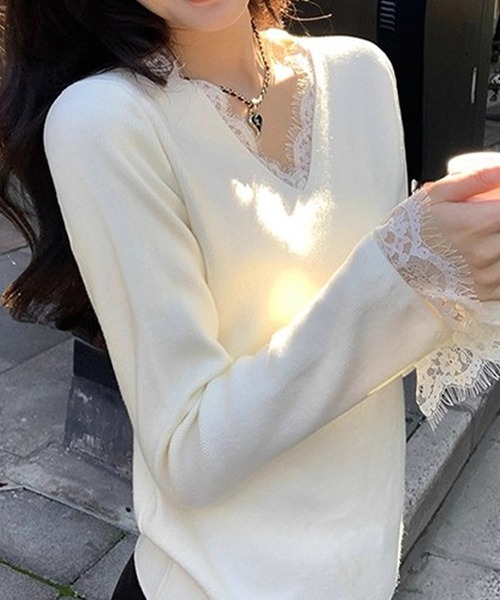 by LEGNA(バイレグナ)の「Vネックレースニット(ニット/セーター・レディース・アイボリー/ブラック/ベージュ・LARGE/MEDIUM)」の1枚目の写真