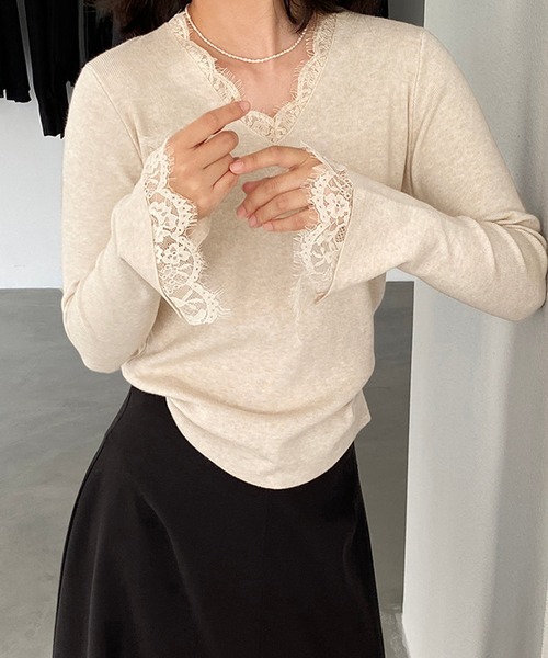 by LEGNA(バイレグナ)の「Vネックレースニット(ニット/セーター・レディース・アイボリー/ブラック/ベージュ・LARGE/MEDIUM)」の4枚目の写真