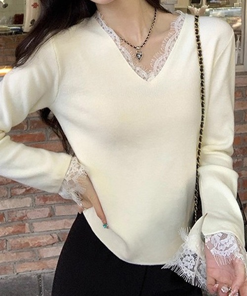 by LEGNA(バイレグナ)の「Vネックレースニット(ニット/セーター・レディース・アイボリー/ブラック/ベージュ・LARGE/MEDIUM)」の9枚目の写真