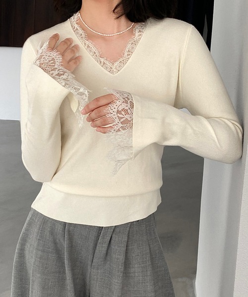 by LEGNA(バイレグナ)の「Vネックレースニット(ニット/セーター・レディース・アイボリー/ブラック/ベージュ・LARGE/MEDIUM)」の11枚目の写真