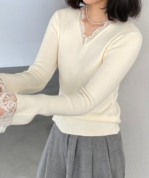 by LEGNA(バイレグナ)の「Vネックレースニット(ニット/セーター・レディース・アイボリー/ブラック/ベージュ・LARGE/MEDIUM)」の12枚目の写真