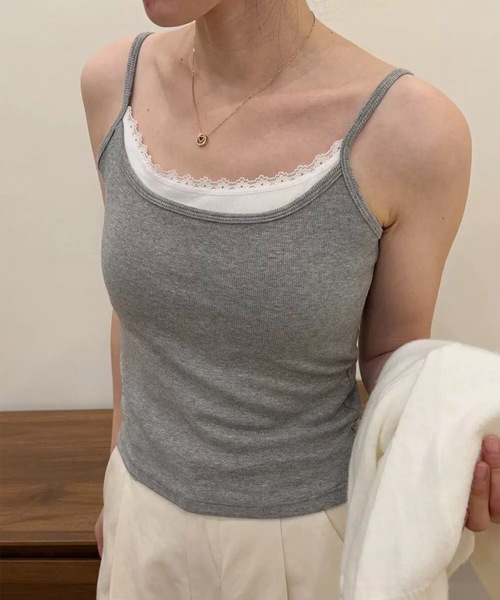 Lace Ladies(レースレディース)の「配色 フェイクレイヤード レース カップ付き キャミソール(キャミソール・レディース・ホワイト/ブラック/グレー・FREE)」の3枚目の写真