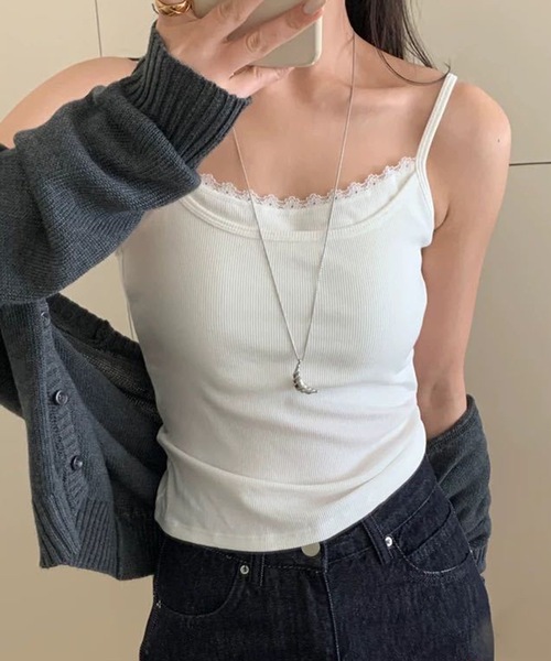 Lace Ladies(レースレディース)の「配色 フェイクレイヤード レース カップ付き キャミソール(キャミソール・レディース・ホワイト/ブラック/グレー・FREE)」の2枚目の写真