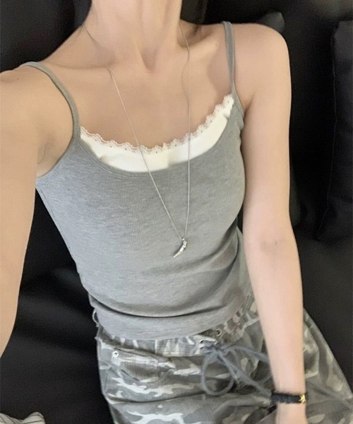 Lace Ladies(レースレディース)の「配色 フェイクレイヤード レース カップ付き キャミソール(キャミソール・レディース・ホワイト/ブラック/グレー・FREE)」の5枚目の写真