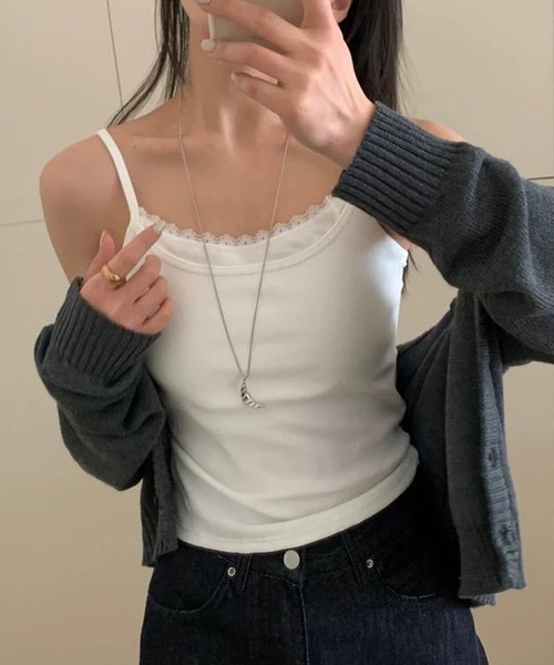 Lace Ladies(レースレディース)の「配色 フェイクレイヤード レース カップ付き キャミソール(キャミソール・レディース・ホワイト/ブラック/グレー・FREE)」の7枚目の写真