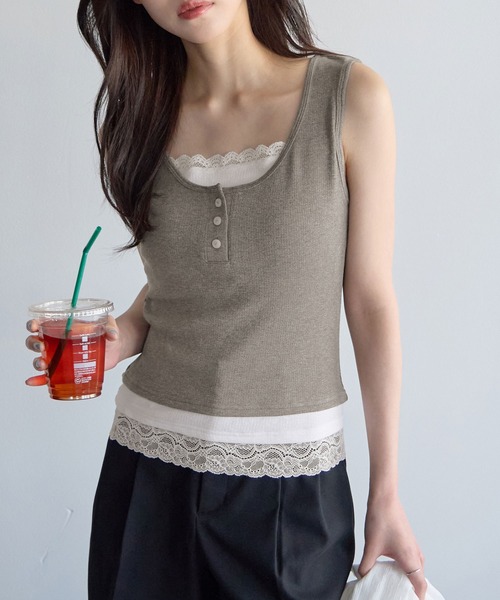 CHAN ME(チャンミ)の「レイヤードレースタンクトップ(タンクトップ・レディース・ベージュ/ネイビー/ブラック/グレー・X-LARGE/LARGE/MEDIUM)」の15枚目の写真