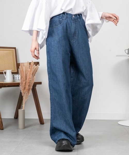 RCD(アールシーディー)の「ドレープワイドフレアパンツ(その他パンツ・レディース・ネイビー/ワンウォッシュ/ブルー・4L/3L/LL/L/M)」の3枚目の写真