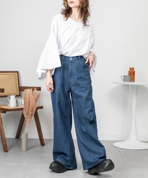 RCD(アールシーディー)の「ドレープワイドフレアパンツ(その他パンツ・レディース・ネイビー/ワンウォッシュ/ブルー・4L/3L/LL/L/M)」の18枚目の写真