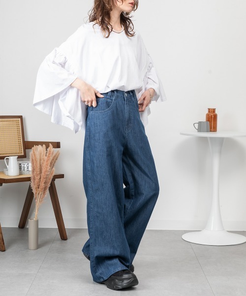 RCD(アールシーディー)の「ドレープワイドフレアパンツ(その他パンツ・レディース・ネイビー/ワンウォッシュ/ブルー・4L/3L/LL/L/M)」の7枚目の写真