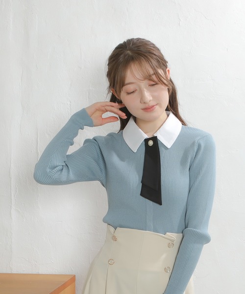 ASTORIA ODIER（アストリアオディール）の「３wayデタッチャブルボウタイニット(300日着られるニット/イージーケア/ウォッシャブル)（ニット/セーター・レディース・ネイビー/グレイッシュブルー/ホワイト×ブルー/ピンクベージュ・MEDIUM）」の3枚目の写真