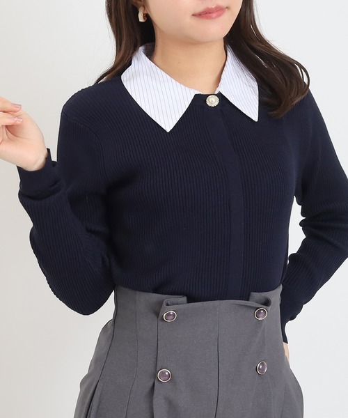 ASTORIA ODIER（アストリアオディール）の「３wayデタッチャブルボウタイニット(300日着られるニット/イージーケア/ウォッシャブル)（ニット/セーター・レディース・ネイビー/グレイッシュブルー/ホワイト×ブルー/ピンクベージュ・MEDIUM）」の11枚目の写真