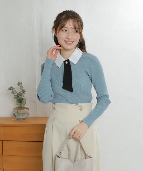 ASTORIA ODIER（アストリアオディール）の「３wayデタッチャブルボウタイニット(300日着られるニット/イージーケア/ウォッシャブル)（ニット/セーター・レディース・ネイビー/グレイッシュブルー/ホワイト×ブルー/ピンクベージュ・MEDIUM）」の5枚目の写真