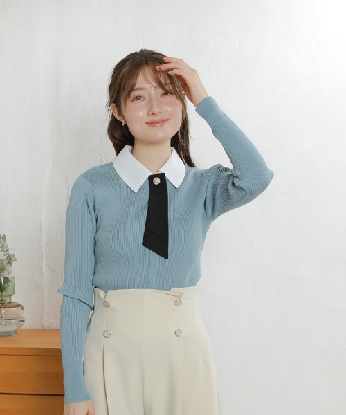 ASTORIA ODIER（アストリアオディール）の「３wayデタッチャブルボウタイニット(300日着られるニット/イージーケア/ウォッシャブル)（ニット/セーター・レディース・ネイビー/グレイッシュブルー/ホワイト×ブルー/ピンクベージュ・MEDIUM）」の8枚目の写真